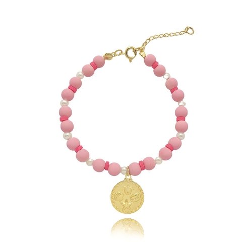 Pulseira de bolinha rosa com pingente de elementos do mar folheado em ouro 18k