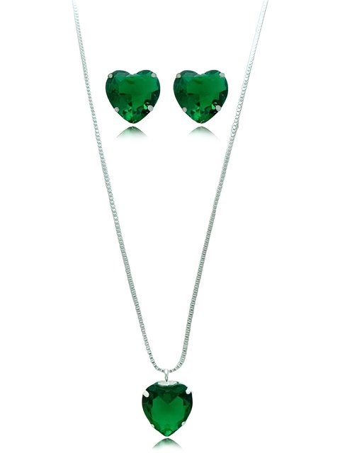 Conjunto de colar e brincos com pedras de coração verde folheado em prata