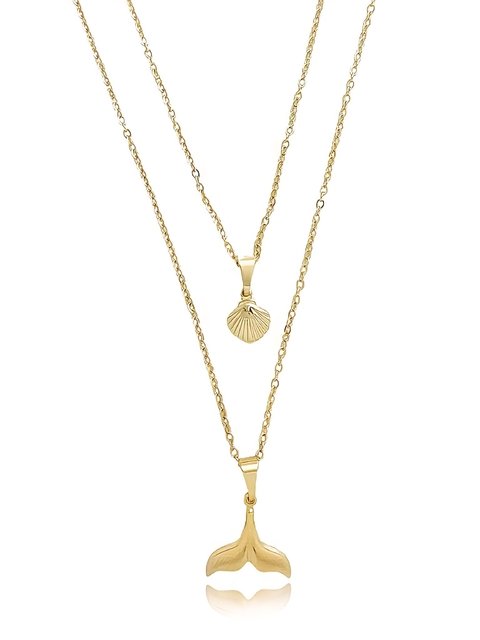 Colar duplo com concha e calda de sereia folheado em ouro 18k