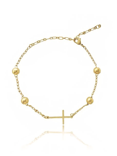 Pulseira com bolinhas e cruz no meio folheado em ouro 18k