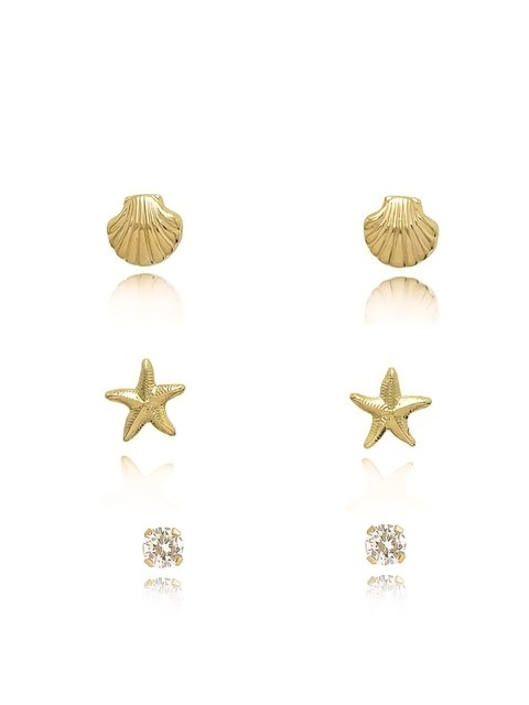 kit de brincos com concha e estrela do mar folheado em ouro 18k