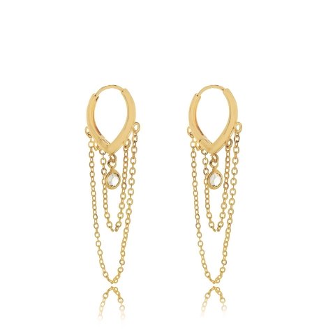 Brinco de argola com correntes e cristal folheado em ouro 18k