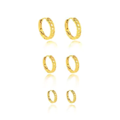 Trio de brinco argolinha em formato de corrente folheado em ouro 18k