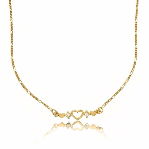 Colar com fileira de corações e zircônias cravejado folheado em ouro 18k