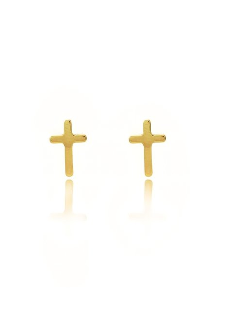 Brinco pequeno em formato de cruz liso folheado em ouro 18k