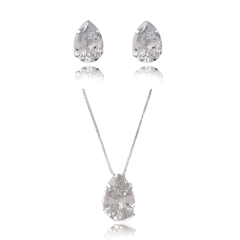 Conjunto colar e brinco de zircônia em formato de gota folheado em prata