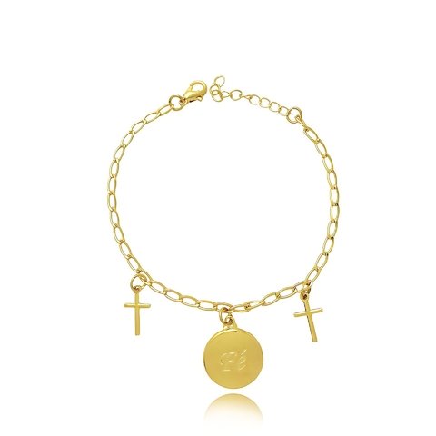 Pulseira com medalha escrito fé e cruz folheado em ouro 18k