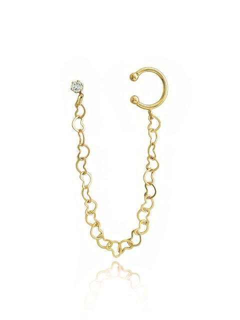Ear cuff corrente de corações com piercing fake folheado em ouro 18k