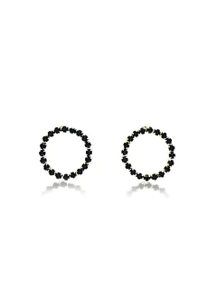 Brinco circular com strass na cor preta folheado em ouro 18k