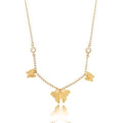 Colar com cristais laterais e borboletas diversas folheado em ouro 18k