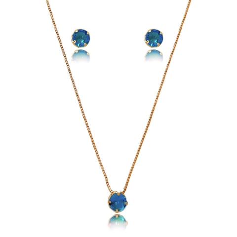 Conjunto de colar e brinco ponto de luz azul folheado em ouro 18k