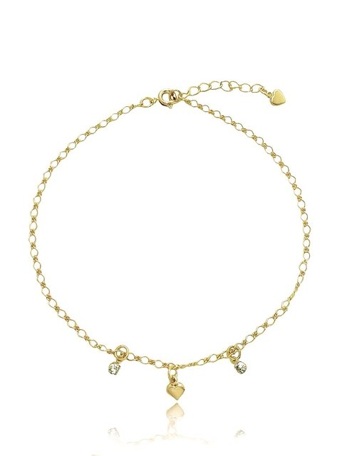 Tornozeleira com pingentes de strass e coração folheado em ouro 18k
