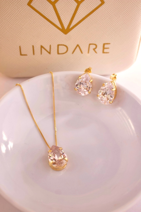 Conjunto colar e brinco de zircônia em formato de gota folheado em ouro 18k