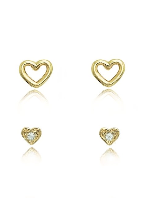 Kit com dupla de brincos corações folheado em ouro 18k