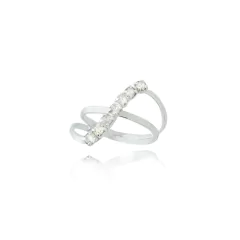 Anel com tira de strass vertical folheado em prata