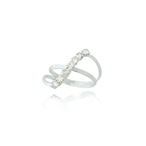 Anel com tira de strass vertical folheado em prata
