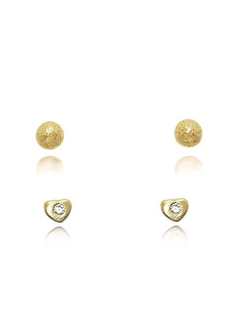 Kit com dupla de brincos bolinha e coração folheado em ouro 18k