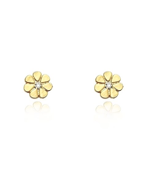Brinco pequeno em formato de flor com strass folheado em ouro 18k