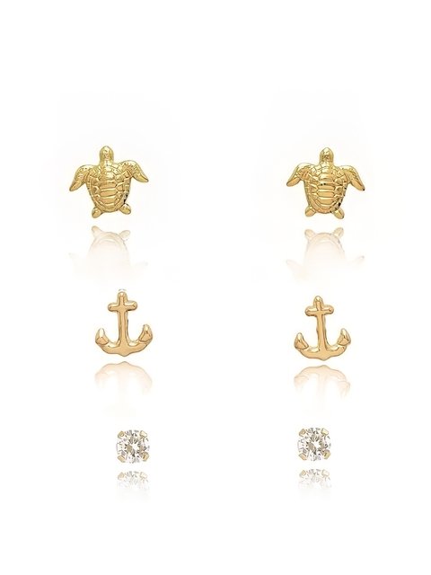 Kit de brincos com tartaruga e âncora folheado em ouro 18k