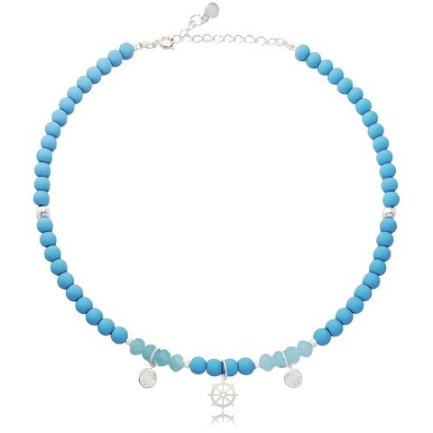 Colar com bolinhas azul e detalhes no meio folheado em prata