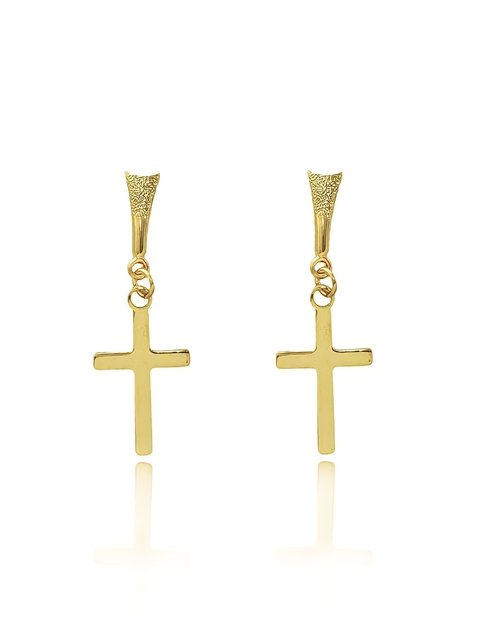 Brinco com cruz lisa pendurada folheado em ouro 18k