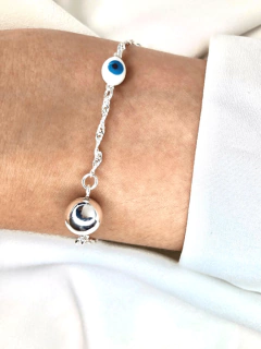 Pulseira Bolinha e olho grego folheada a prata - comprar online