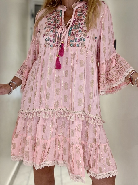 V520E Vestido de algodón con borlas rosa