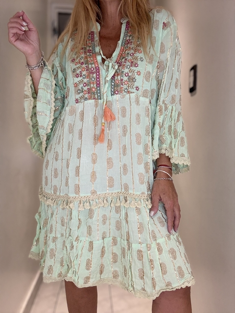 V520A Vestido de algodón de india con borlitas verde agua
