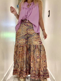 Pollera pantalón de seda de india gold base beige con estampa en fucsias, grises y naranjas - Tu Guiseppa