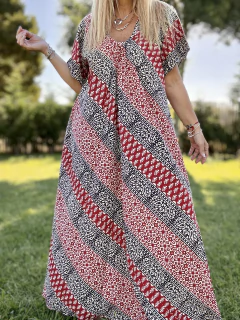 V677 Vestido de algodón de india plisado en el pecho estampado en verdes con colorado - Tu Guiseppa