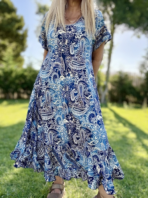 V612 Vestido de seda de india gold estampado mangas cortas