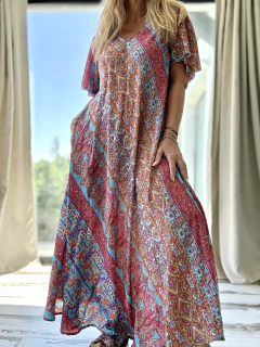 V2753 Vestido de seda de india estampado en celestes , fuscias y maíz - tienda online