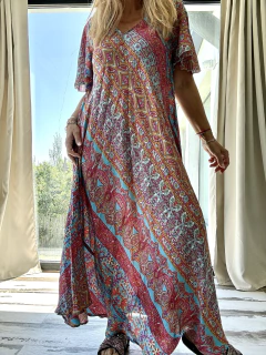 V2753 Vestido de seda de india estampado en celestes , fuscias y maíz - Tu Guiseppa