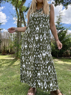 V05 Vestido de lino elastizado estampado en verde musgo y crema - Tu Guiseppa