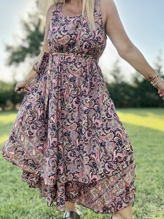 V115 Vestido de seda de india gold estampado doble faldón en internet