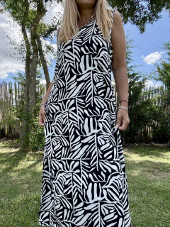 V06 Vestido de lino elastizado estampado con hojas en negro y crema - Tu Guiseppa