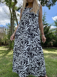 V06 Vestido de lino elastizado estampado con hojas en negro y crema en internet