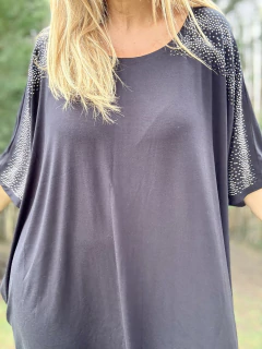 VM01 Vestido de modal negro con lluvia de mini strasses plata y negros - comprar online