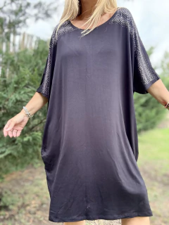 VM01 Vestido de modal negro con lluvia de mini strasses plata y negros