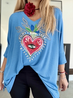 MLA189 Maxi remeron de morley celeste oscuro con corazón y mini strasses - comprar online