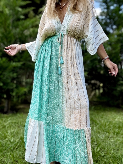 V544 Vestido de algodón de india en verde y beige