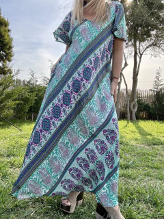 Vestido de seda de india con tiras regulables estampado en turquesas y violetas - Tu Guiseppa