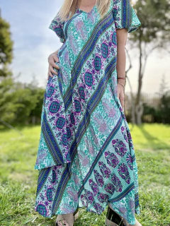 Vestido de seda de india con tiras regulables estampado en turquesas y violetas - tienda online