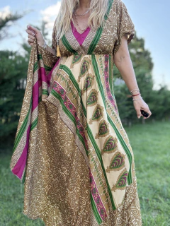 V702 Vestido de seda de india estampado con elástico debajo el busto - comprar online