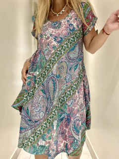 V1040 Vestido de seda de india corto con bolsillos estampados en rosas y verdes - Tu Guiseppa