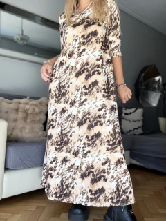 Imagen de VGS4 Vestido de modal gamuzado estampado e.n manteca, beige y chocolate