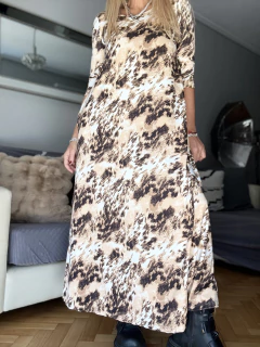 VGS4 Vestido de modal gamuzado estampado e.n manteca, beige y chocolate - Tu Guiseppa