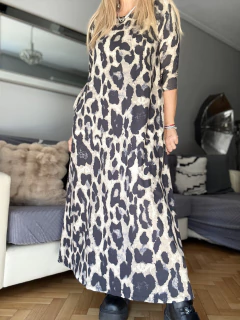 VGS5 Vestido de modal gamuzado largo estampado en print en grises y negros - Tu Guiseppa
