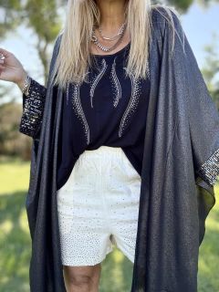 K05 Kimono de gasa foil negro con puños de lentejuelas negras y plata - tienda online