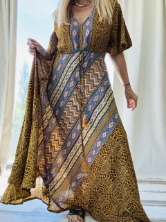 V167 vestido de seda de india con tiritas debajo el busto estampado en internet